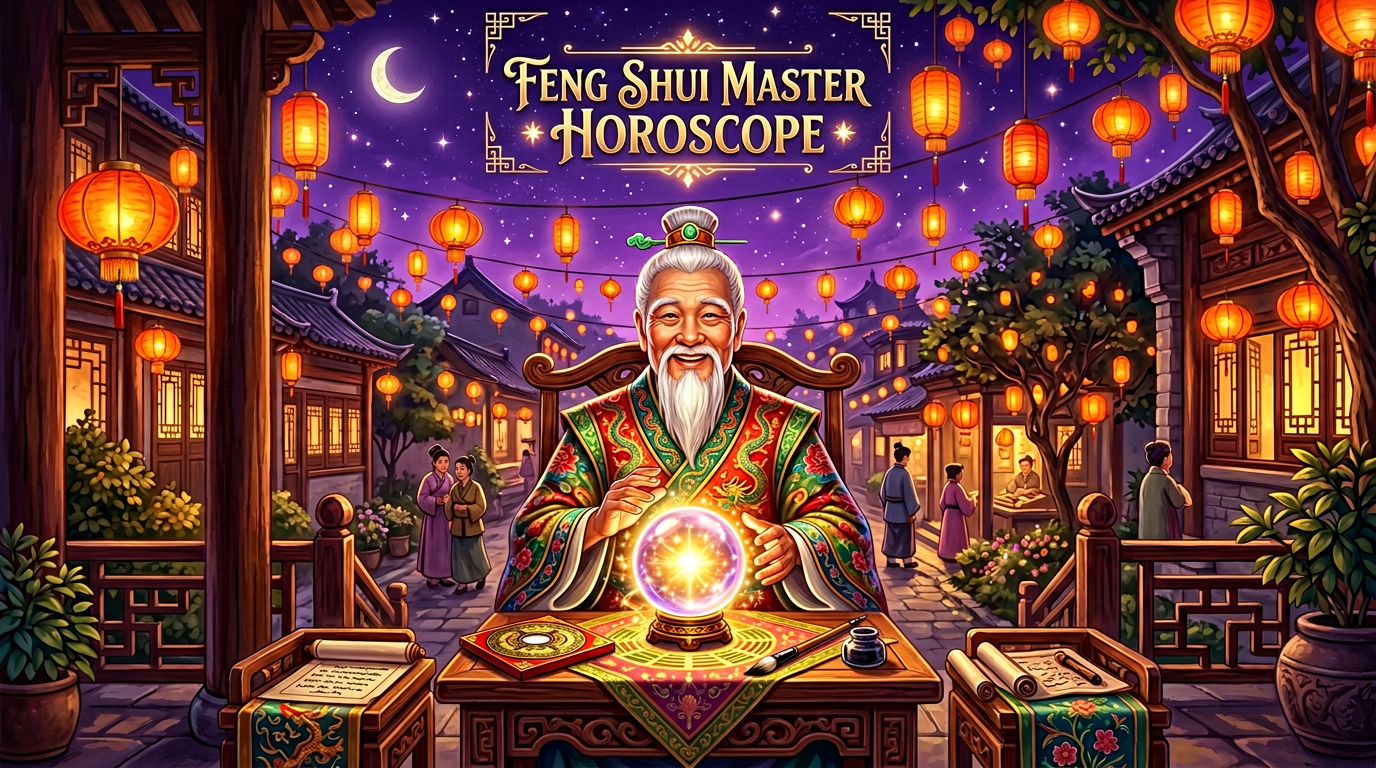 Smiling feng shui master in colorful robes with a glowing lucky crystal ball